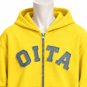 <b>Yellow</b> Mens Zip Up <b>Hoodie</b> Heavyweight Fleece Chenille Letter Applique Oversized Streetwear Sweatshirt with Kangaroo Pockets - Product Image 3