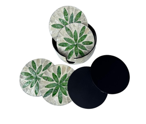 Ensemble de sous-verres ronds artisanaux en nacre avec support, motif feuille verte, sous-verres en coquille pour table basse, décoration - Product Image 3