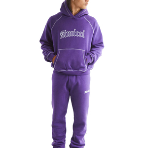 Purple Hooded Tracksuit Set Full Length Pants With Front Logo <b>Print</b> Casual Wear For Men Autumn Season 100% Cotton - Product Image 4