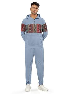 Sudadera con Capucha Azul Claro para Hombre con Estampado Geométrico, Cierre de Cremallera Completa, Ropa Casual de Otoño - Product Image 5
