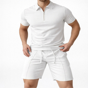 Pure Material 100% Cotton Breathable <b>Knitted</b> Solid Men's Summer Street Style Suits Two Piece Golf Polo Shirts and Shorts <b>Set</b> - Product Image 1