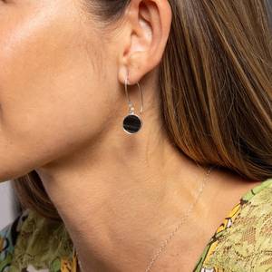 Black Obsidian Drop <b>Earrings</b> 925 Sterling Silver Long Circle Design Trendy Minimalist Wedding & Party Jewelry Women/Unisex - Product Image 5