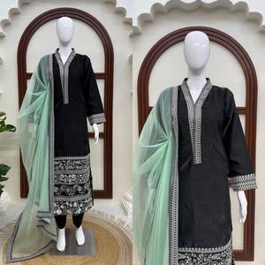 TENNECY Women's New Collection Glass Fabric Intricate Thread Work Reversible Quick Dry Ankle-Length <b>Top</b>-Bottom Dupatta Set Party - Product Image 5