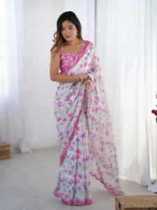 Sari de chinnon pesado y suave con estampado elegante y hermoso trabajo Kutchi, borde de encaje con espejos, para mujer, ropa de boda, sari indio. - Product Image 1