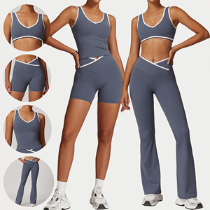 Women Solid 4-Piece Yoga Set Breathable Nylon Spandex Precision Cut Sports Bra <b>Leggings</b> Workout Wear Custom OEM Wholesale - Product Image 1