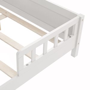 Letto per bambini in legno di pino bianco con luce LED a sensore di movimento, testiera con libreria e sponde di protezione - Product Image 1