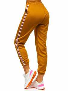 Pantalones cargo planos tejidos de invierno para mujer, de forro polar color mostaza, bordados, de cintura alta, con cremallera, de color liso, de corte regular, informales - Product Image 6