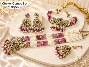 Premium Long Flower Design Choker Kundan <b>Pearl</b> Necklace <b>Set</b> Antique Gold Plated Polki Wedding Haar Earrings Indian <b>Jewelry</b> - Product Image 3