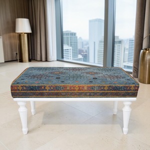 Bohemian Square Wooden <b>Pouf</b> With Abstract Geometric Pattern Upholstery For Bedroom Decor - Product Image 2