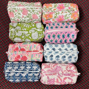 Ensemble de trousses de toilette classiques en coton bleu à motifs floraux avec fermeture éclair, pochettes de maquillage portables pour le voyage et le rangement personnel - Product Image 6