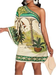 Vestido Túnica Mini Asimétrico de un Hombro para Mujer, Estilo Tropical, Manga Campana, Transpirable, Casual, Formal, para Vacaciones en la Playa, Verano - Product Image 1