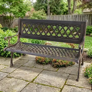 Vintage Cast Iron <b>Garden</b> <b>Bench</b> with Decorative Lattice Backrest Armrests and Durable Outdoor Patio Seating Design - Product Image 6