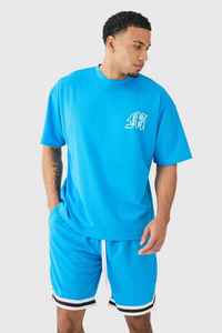Men's Blue Crew Neck T-Shirt Set Solid Color Knitted Casual Summer Wear Breathable Street Style - Product Image 5
