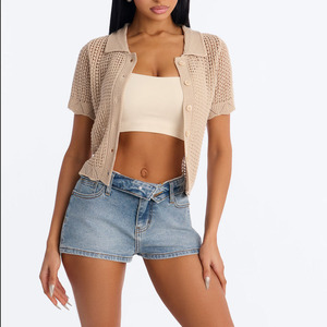 Casual Summer Top Women's Beige <b>Short</b> <b>Sleeve</b> Knitted <b>Cardigan</b> Turn-down Collar Button Down Hollow Out Handmade Cotton Sweater - Product Image 1