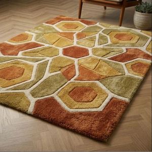 Hand Tufted Wool <b>Rug</b> with Hexagon Motifs in Rust <b>Mustard</b> and Olive for Home Decor - Product Image 4