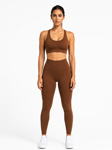 <b>Brown</b> 2-Piece Yoga Set Racerback Crop Top High-Waist Full-Length <b>Leggings</b> Seamless Solid Color Spandex/Nylon Quick Dry - Product Image 4