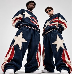 Custom American Flag Distress Applique Tracksuit Fleece Streetwear Full Sleeve Loose Fit Crew Neck Winter Wear With Side Pockets - Product Image 4