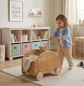 Handmade Natural Rattan Wicker Kids Push Cart <b>Toy</b> Storage <b>Trolley</b> with Wooden Wheels for Children Pretend Play and Nursery - Product Image 5