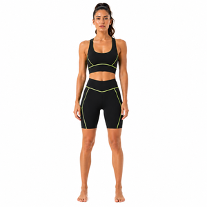 Women Contrast Stitch Yoga Set <b>Racerback</b> Sports <b>Bra</b> High Waist Biker Shorts Fitness Gym Workout Activewear Set - Product Image 3