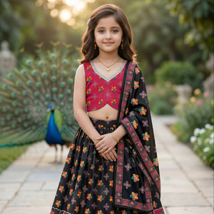 Shoryam - Conjunto de Top Corto y Lehenga Choli con Estampado Floral para Niñas, Vestido Étnico Tradicional Negro para Fiestas - Product Image 1