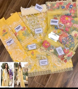 Pelouse brodée de luxe indienne/pakistanaise 3 pièces Salwar Kameez Collection de vêtements de fête à vendre en soie - Product Image 4