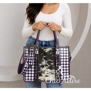 Sac fourre-tout en cuir de vachette de haute qualité, fait main, avec motif damier violet et blanc, sac à bandoulière à franges pour femmes - Product Image 1