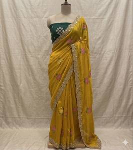 Sari de seda Rangoli con bordado en toda la prenda, hermoso diseño floral y trabajo con espejos reales con borde recortado. - Product Image 5