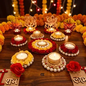 Handmade <b>Red</b> Yellow Floral Pearl Tealight <b>Candle</b> Holder Pack with Rangoli Plate for Diwali Wedding Festival Pooja Home Decor - Product Image 3
