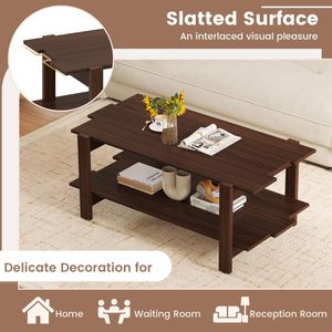 2-Tier Slatted Wood Coffee <b>Table</b> with Storage Shelf Elegant Center <b>Table</b> Design - Product Image 6