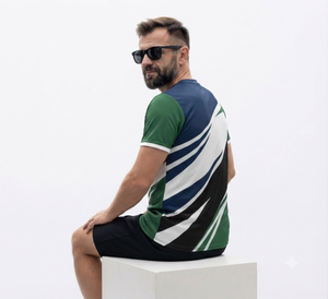 T-shirt sportif à manches courtes et col rond pour homme Dumela, imprimé géométrique, séchage rapide, respirant, logo frontal, tricoté, 100 % polyester, coupe ajustée - Product Image 5