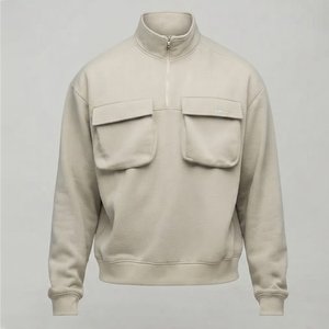 Nouvel ensemble de survêtement beige pour homme, demi-zip, manches longues, poches cargo, décontracté, pour l'automne, coupe classique, couleur unie, 100 % coton - Product Image 3