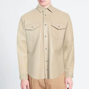 Camisa Casual de Cuero Beige para Hombre, Manga Larga, Cuello Camisero, Bolsillos en el Pecho, Estilo Workwear, Ropa de Otoño - Product Image 1
