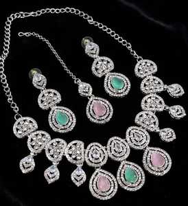 Juego de joyería nupcial de lujo con circonita cúbica azul, collar y aretes plateados, Maang Tikka, para boda, conjunto de lujo para mujer - Product Image 1