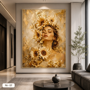 Portrait de femme de luxe avec tournesols dorés, impression sur toile encadrée, décoration murale, style peinture sur soie pour intérieur F6-E7 - Product Image 3