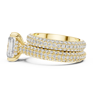 Bague de fiançailles de luxe en or rose avec diamant de laboratoire taille émeraude et double pavé, ensemble de bijoux de mariée moderne en diamant pour femme - Product Image 1