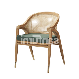 Contemporary Solid Teak Wood <b>Chair</b> with Natural Rattan Woven Backrest and <b>Comfortable</b> Cushion for Home - Product Image 2