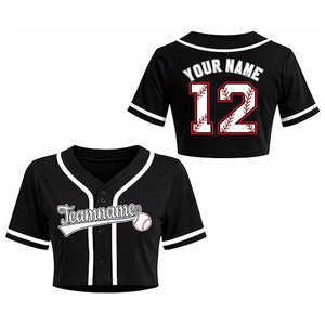 Maillot de baseball court pour femme, personnalisable avec nom et numéro, chemise de softball boutonnée, haut court, tenue d'équipe, 100% polyester, noir - Product Image 1