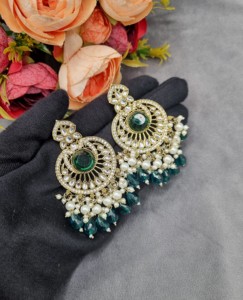 Designer Round Gem Stone Chandbali Pearl Bead Tassel <b>Dangle</b> <b>Earrings</b> Antique <b>Gold</b> Plated For Women Fashion <b>Earrings</b> Manufacturer - Product Image 4