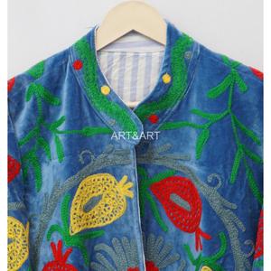 Handmade Multicolor Suzani Embroidered <b>Velvet</b> <b>Women's</b> <b>Jacket</b> 100% Cotton Eco-Friendly Quick Dry Quilted Artisan Design - Product Image 6