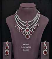10971 Collier et boucles d'oreilles en laiton plaqué rhodium avec zircone cubique rouge, design superposé, bijoux de mariée pour mariage et fête