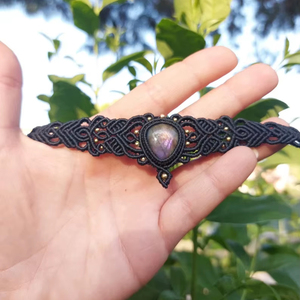 Handmade Labradorite Macrame <b>Bracelet</b> Black Cord Boho Tribal Jewelry Natural Labradorite Stone <b>Adjustable</b> <b>Bracelet</b> - Product Image 1