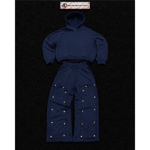 Ensemble de survêtement bleu marine oversize pour homme, streetwear, sweat-shirt à capuche et pantalon large à boutons-pression, personnalisable, vente en gros, sport - Product Image 5