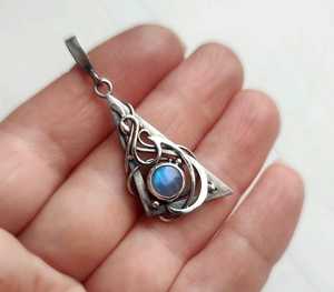 Wire Wrapped Sterling Silver Moonstone Pendant Bezel Setting Triangle Geometric Vintage Engagement Jewelry Witchcraft Elf Gift - Product Image 3