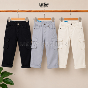 Pantalon cargo pour garçons, longueur genou, couleur unie, décontracté, avec poches plaquées, braguette boutonnée, taille mi-haute, tissu tissé, lot de stock BD - Product Image 3