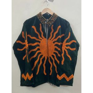 Y2K Black Velvet <b>Jacket</b> <b>Women</b> Stand Collar Zipper Coat Orange <b>Embroidered</b> Sun Pattern Long Sleeve Top - Product Image 6