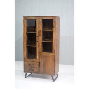 Armoire contemporaine en bois de manguier massif pieds en fer élégants porte en verre affichage stockage pour salon chambre ferme pour hôtel Villa - Product Image 4