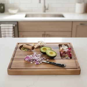 Tabla de cortar de madera natural con ranura para jugos y compartimentos integrados, tabla de cortar multiusos para la preparación de alimentos - Product Image 3