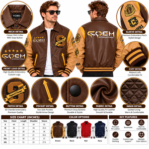 Chaqueta Varsity de Cuero Marrón Vintage para Hombre con Mangas Color Bronceado y Emblemas Bordados, Chaqueta de Béisbol Clásica Universitaria - Product Image 6