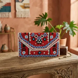 Women Beaded <b>Envelope</b> Clutch Geometric Pattern Bohemian Style Flap Closure Party Wedding Handbag - Product Image 4