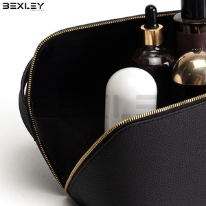 Estuche de Maquillaje de Cuero Texturizado Negro con Cierre Dorado, Asa Superior, Organizador de Cosméticos, Logotipo Personalizado, Bolsas de Cuero de Marca Privada - Product Image 5